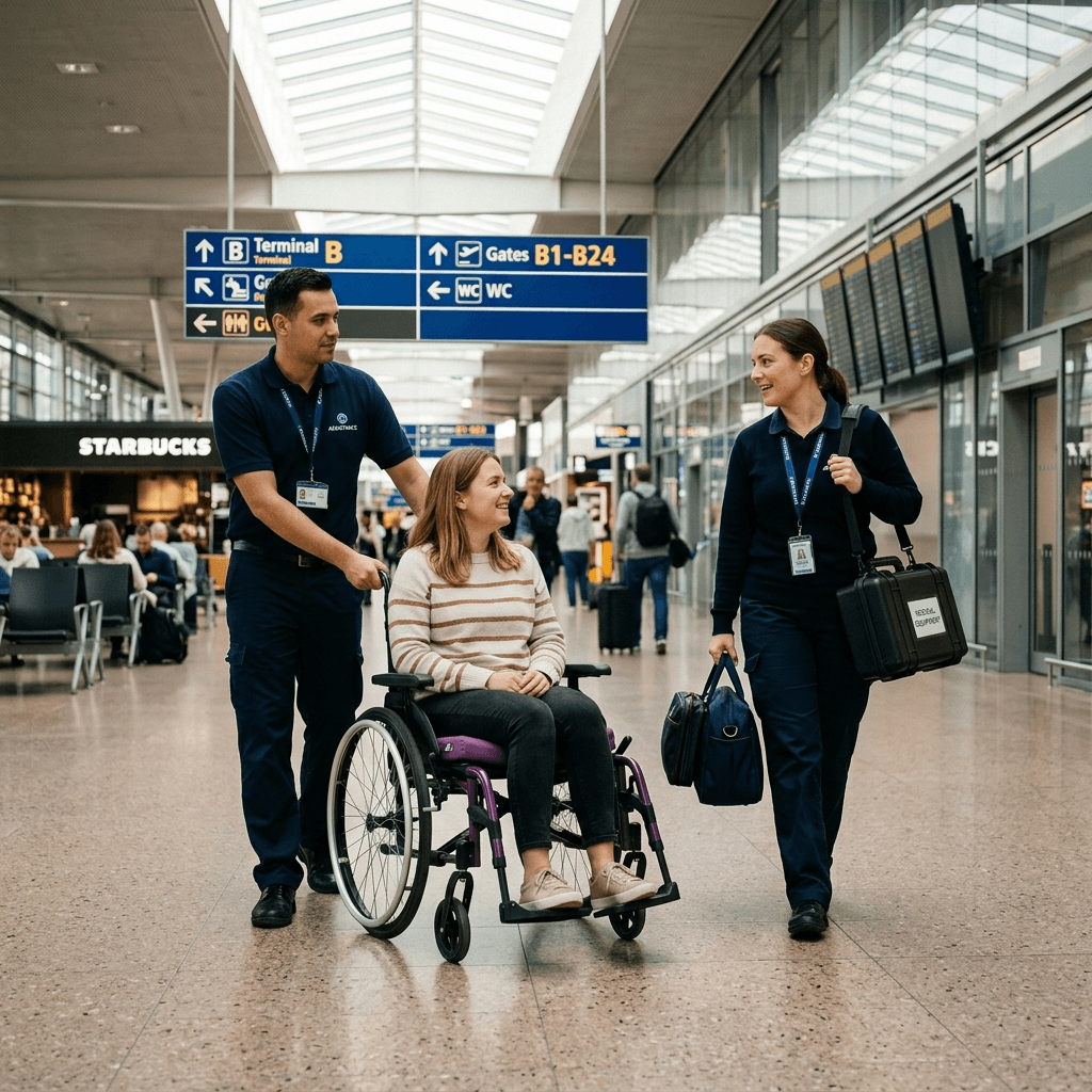 Young woman using wheelchair being assisted through airport terminal by two professional airport staff