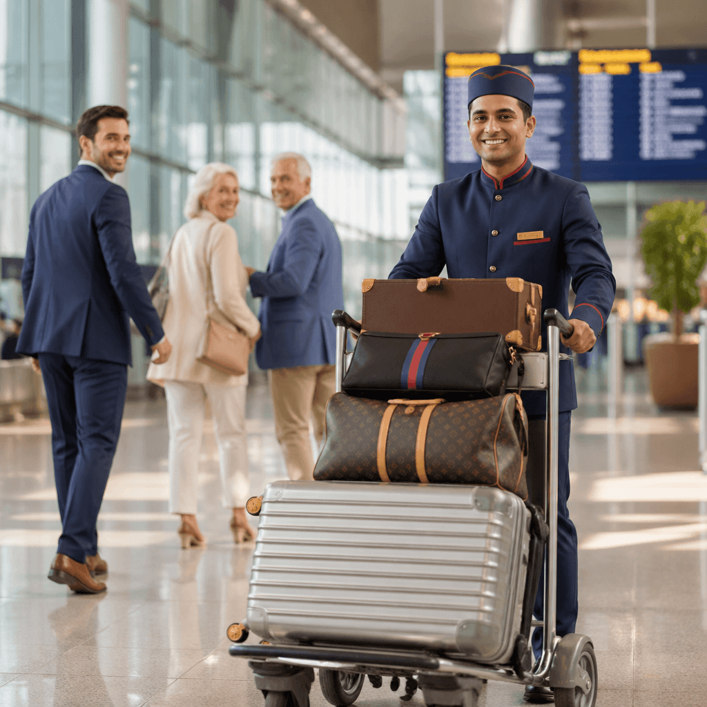 Airport porter in uniform pushing baggage trolley loaded with luxury suitcases through bright Indian airport terminal