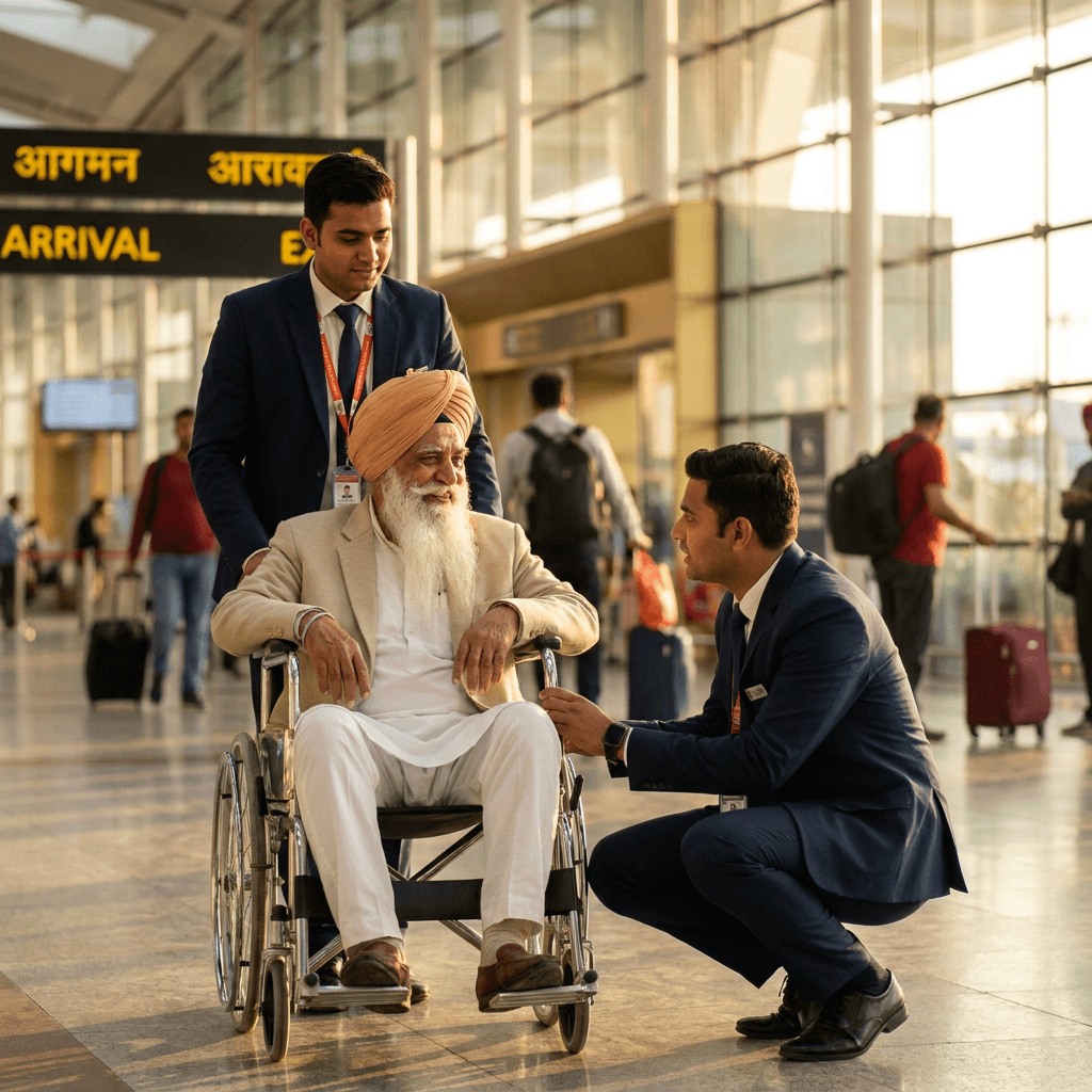 Elderly Sikh gentleman in saffron turban being respectfully assisted in wheelchair by our greeter at airport arrivals