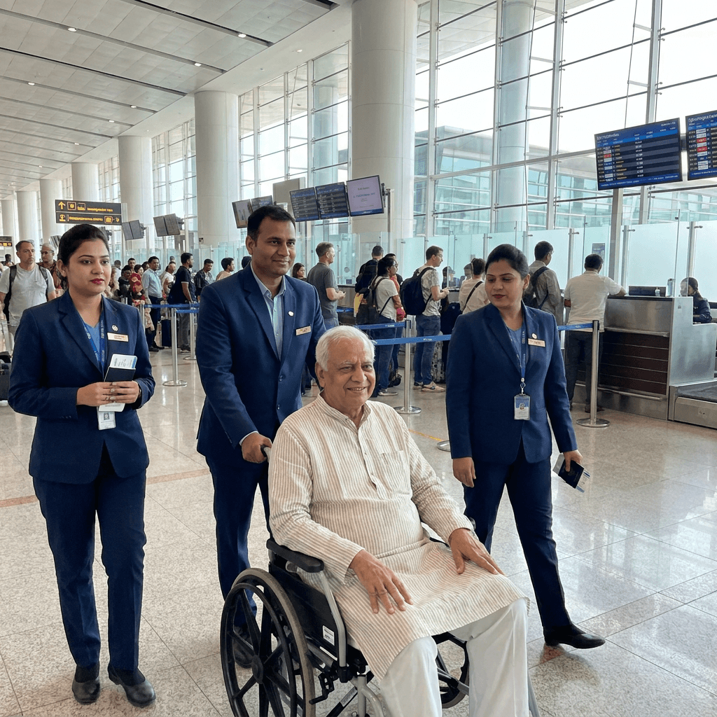 Sikh elderly traveller surrounded by three professional airport greeters showing the team-based care approach