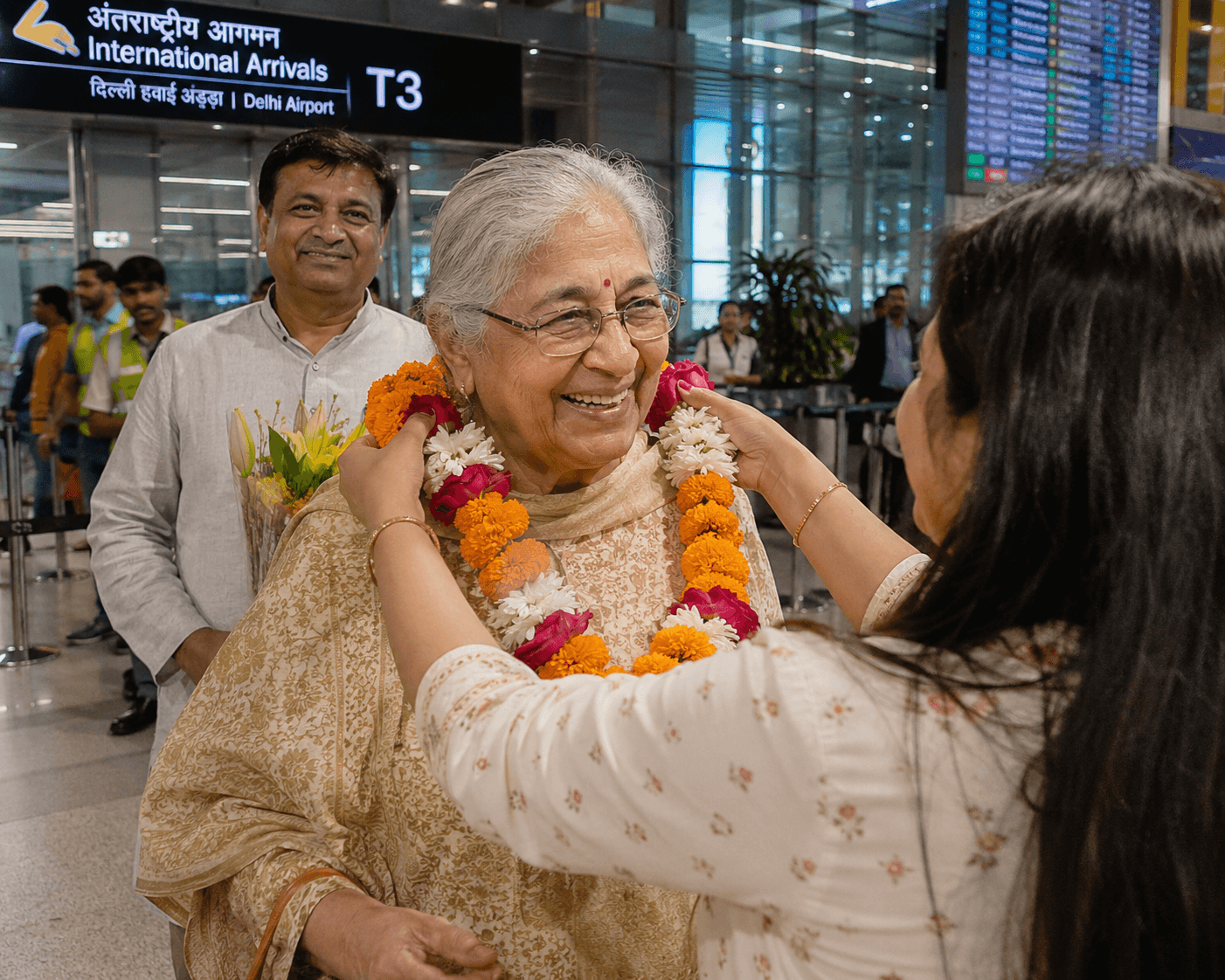 Elderly Indian gentleman in wheelchair being attentively assisted by airport meet and assist greeters at Indian airport