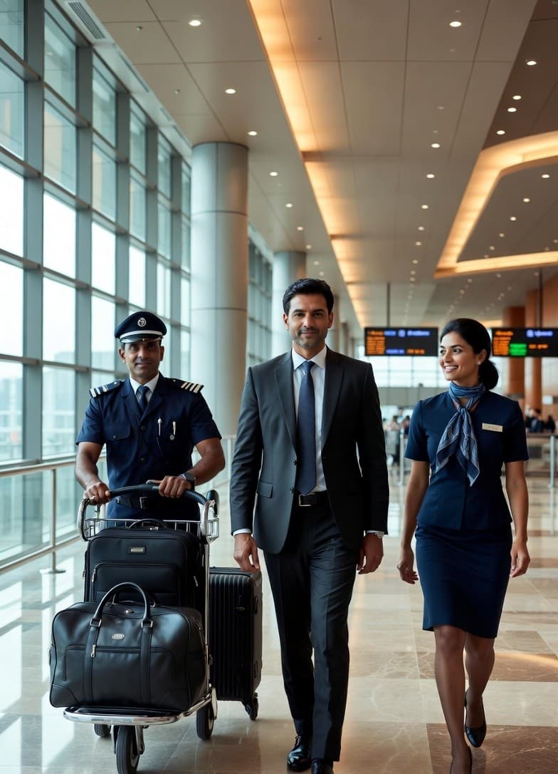 Elite World Services team — a porter, an executive traveller and a female airport greeter walking together through a modern Indian airport terminal.